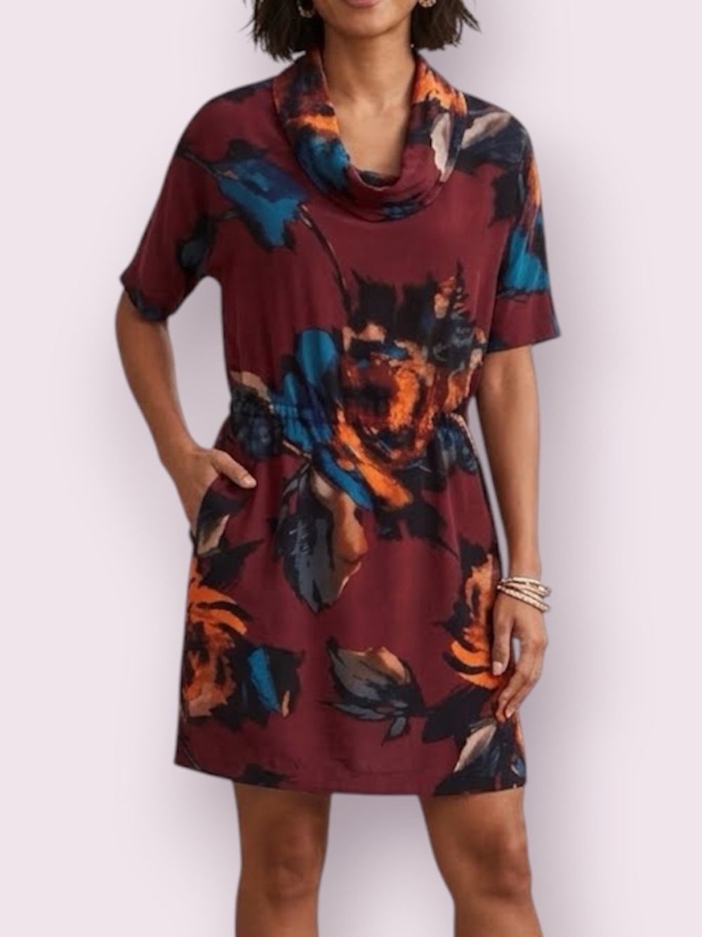 Kenneth Cole Cowl Neck Short Sleeve Silk Dress Burgundy Abstract Print Medium